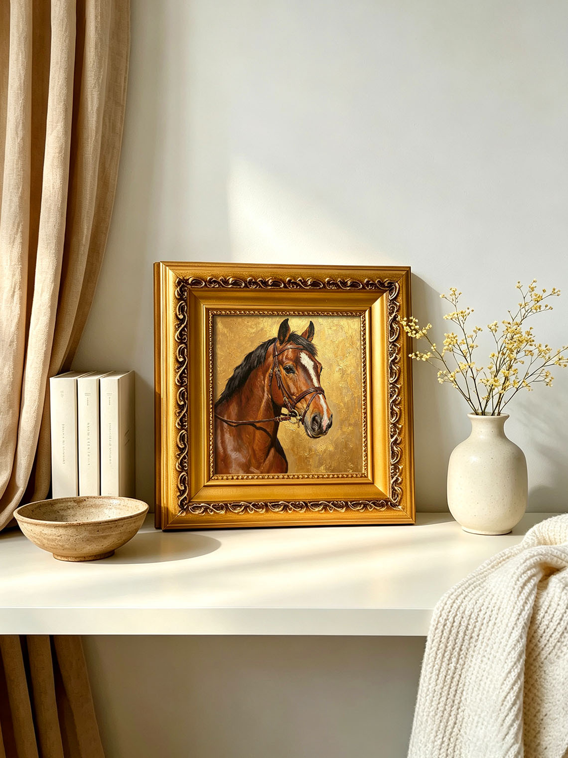 Bay Horse Portrait With Leather Bridle Textured Metallic Gold Background  Wall Art Custom oil painting from photo, Gift for friend，Size 4x4