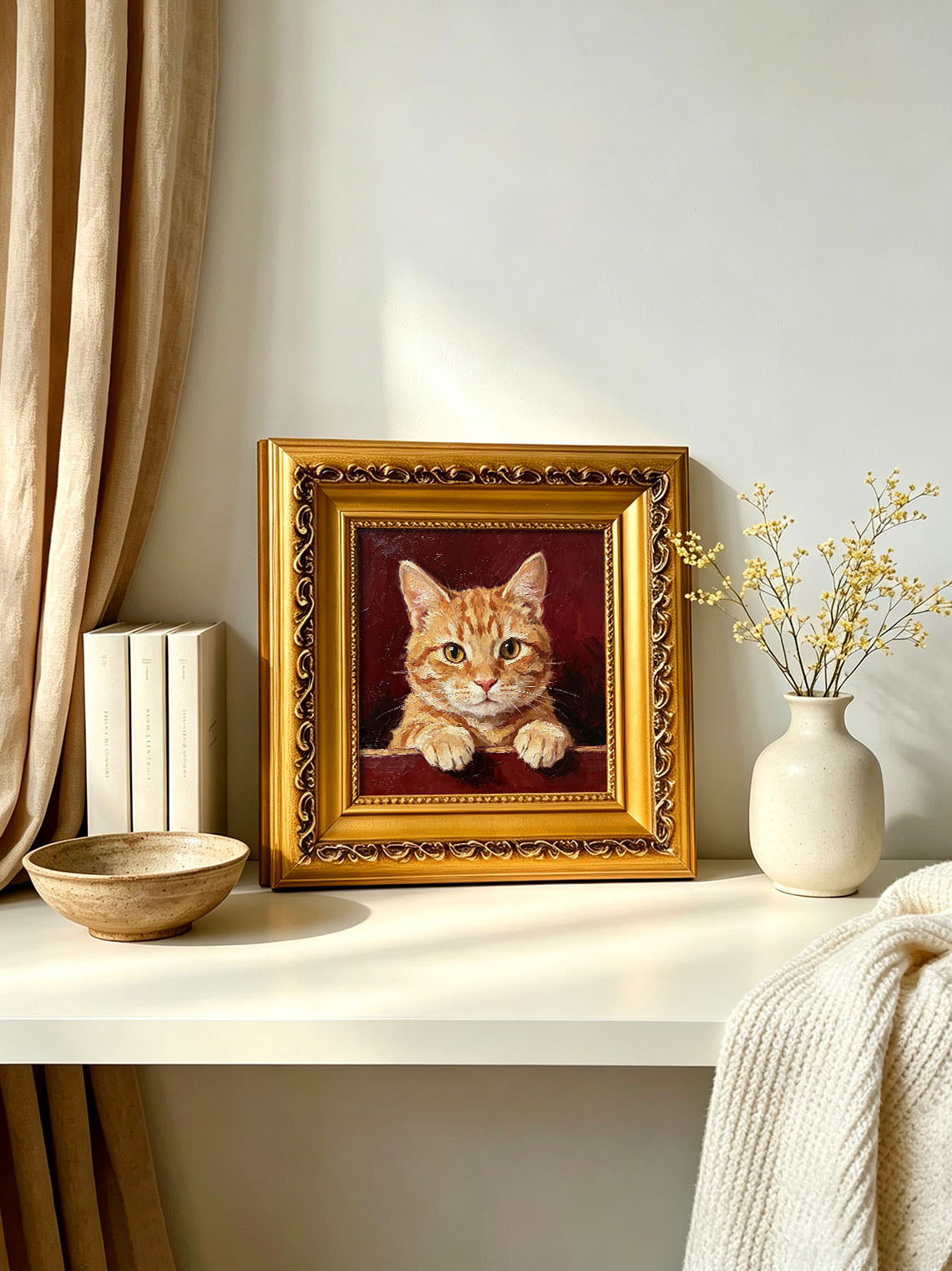 Ginger Tabby Cat Portrait Paws Resting On Edge Deep Burgundy Textured Background  Custom oil painting from photo, Gift for friend，Size 4x4