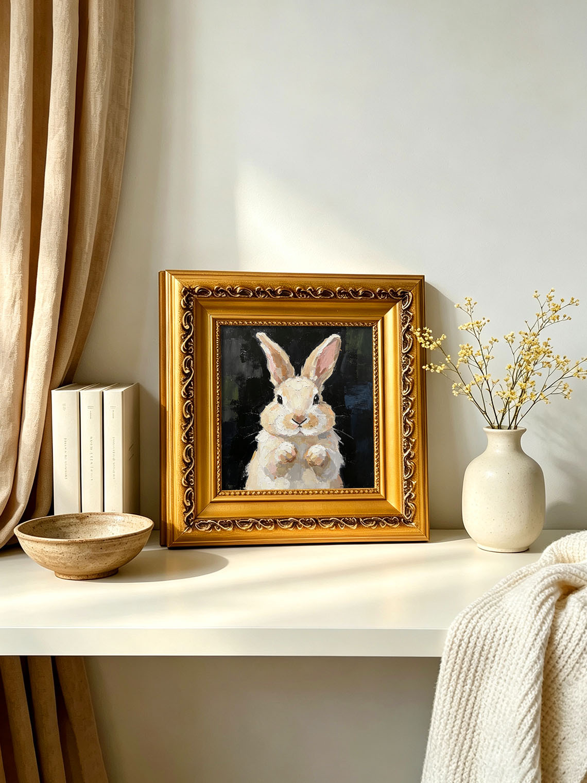 Thick Impasto Light Cream Bunny Portrait Paws Up Dark Moody Textured Background  Custom oil painting from photo, Gift for friend，Size 4x4