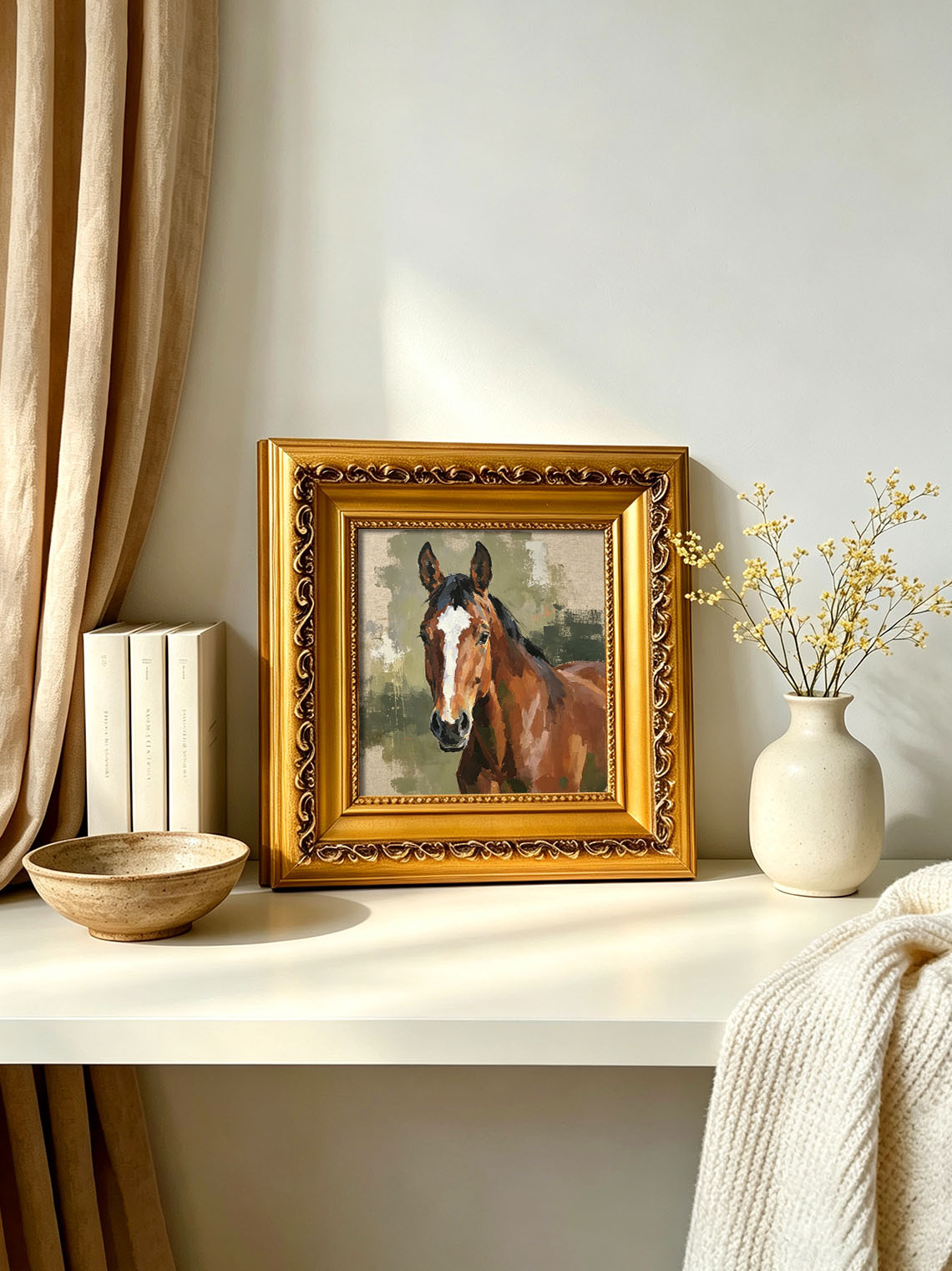 Bay Horse Portrait With White Blaze Muted Sage Green Textured Linen Background  Custom oil painting from photo, Gift for friend，Size 4x4