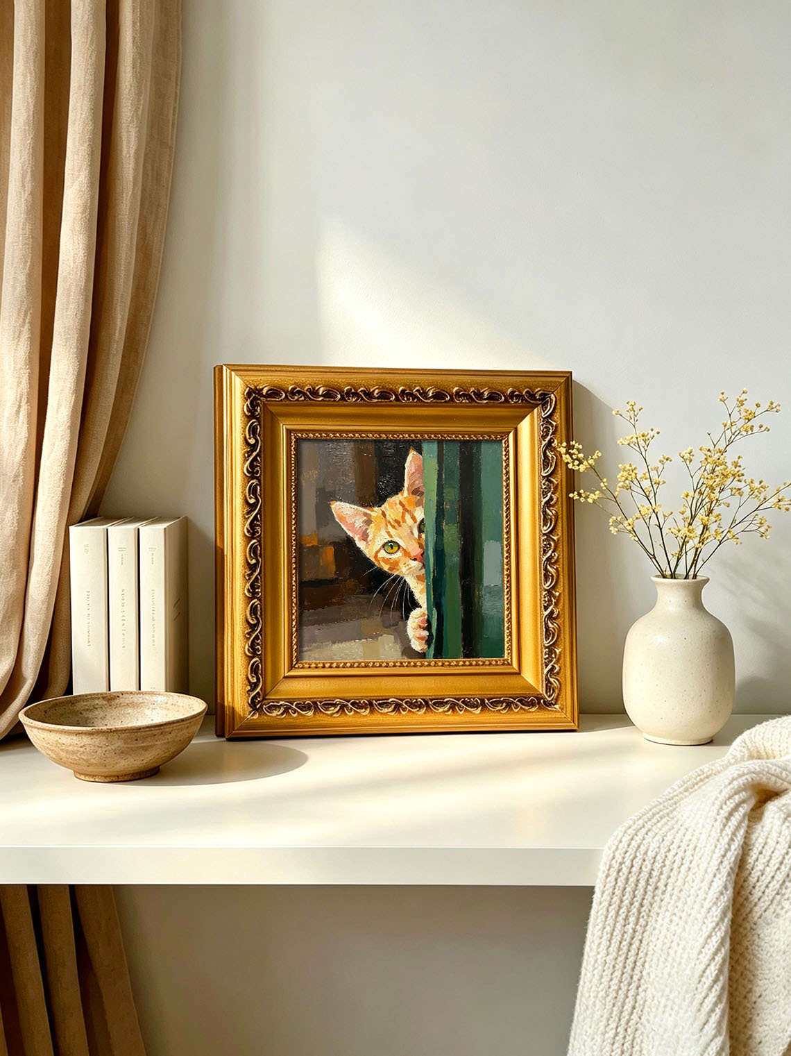 Tabby Kitten Peeking Around Green Door Bold Textured Warm Earth‑Tone Background  Custom oil painting from photo, Gift for friend，Size 4x4