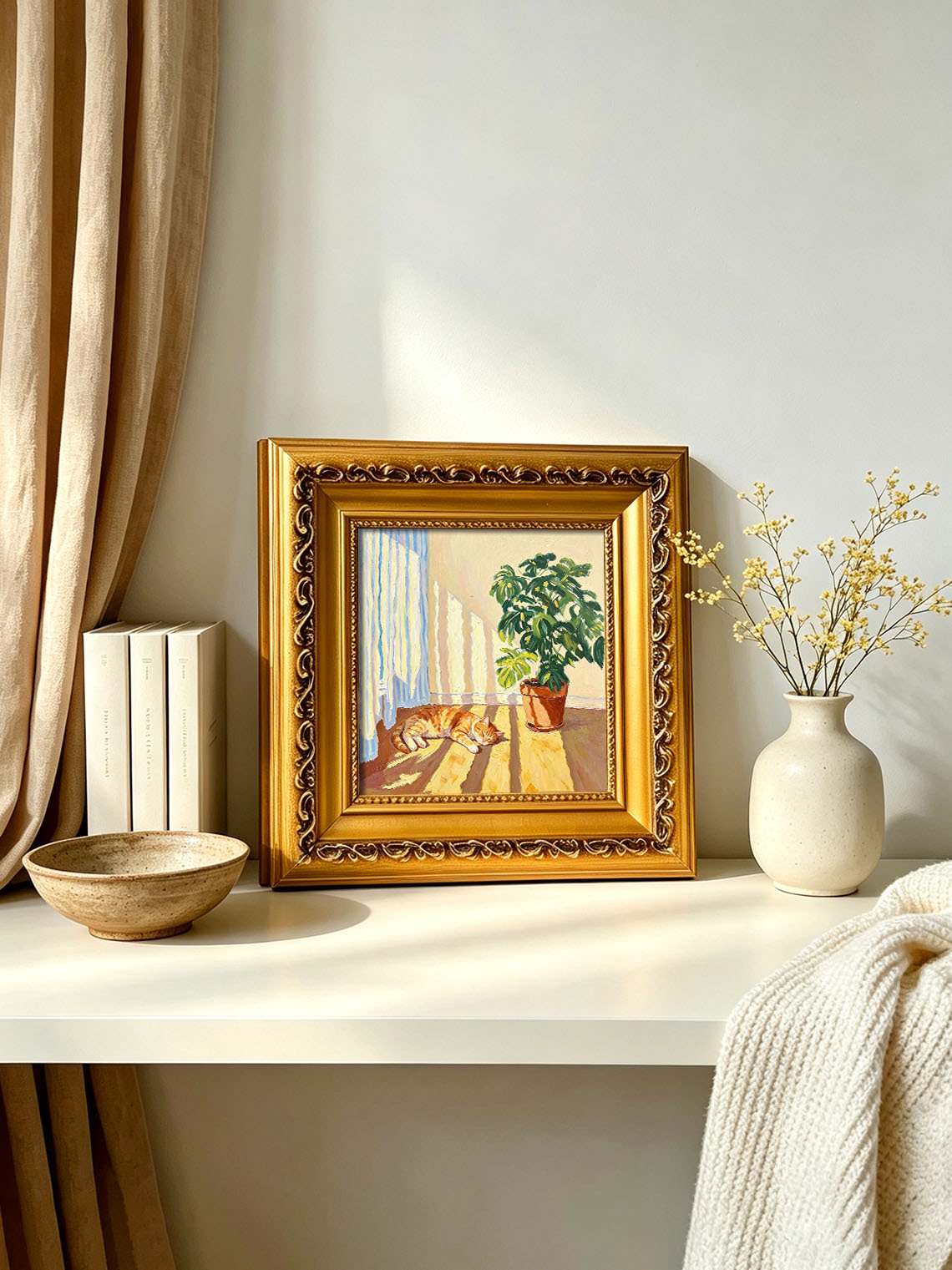 Sleeping Ginger Cat Sunlit Indoor Scene With Monstera Plant Bright Oil Painting Custom oil painting from photo, Gift for friend，Size 4x4