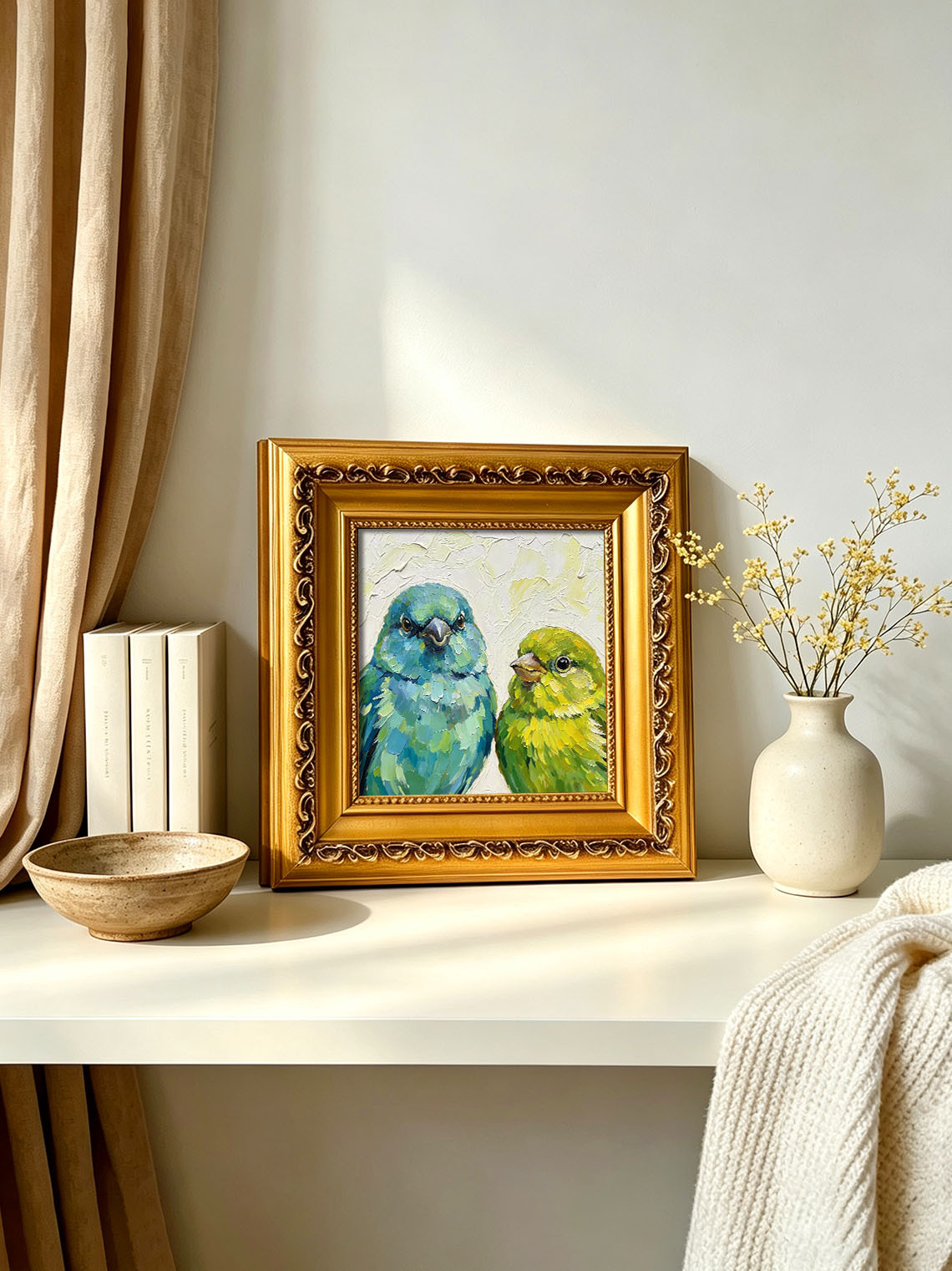 Pair Of Parrotlets Portrait Bold Oil Painting Soft Off‑White Textured Background  Custom oil painting from photo, Gift for friend，Size 4x4
