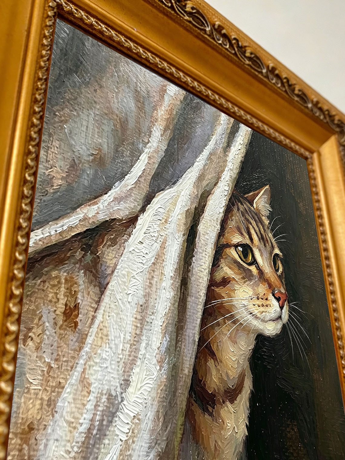 Tabby Cat Behind Curtain custom oil painting from photo, gift for friend, Size 4"×4"