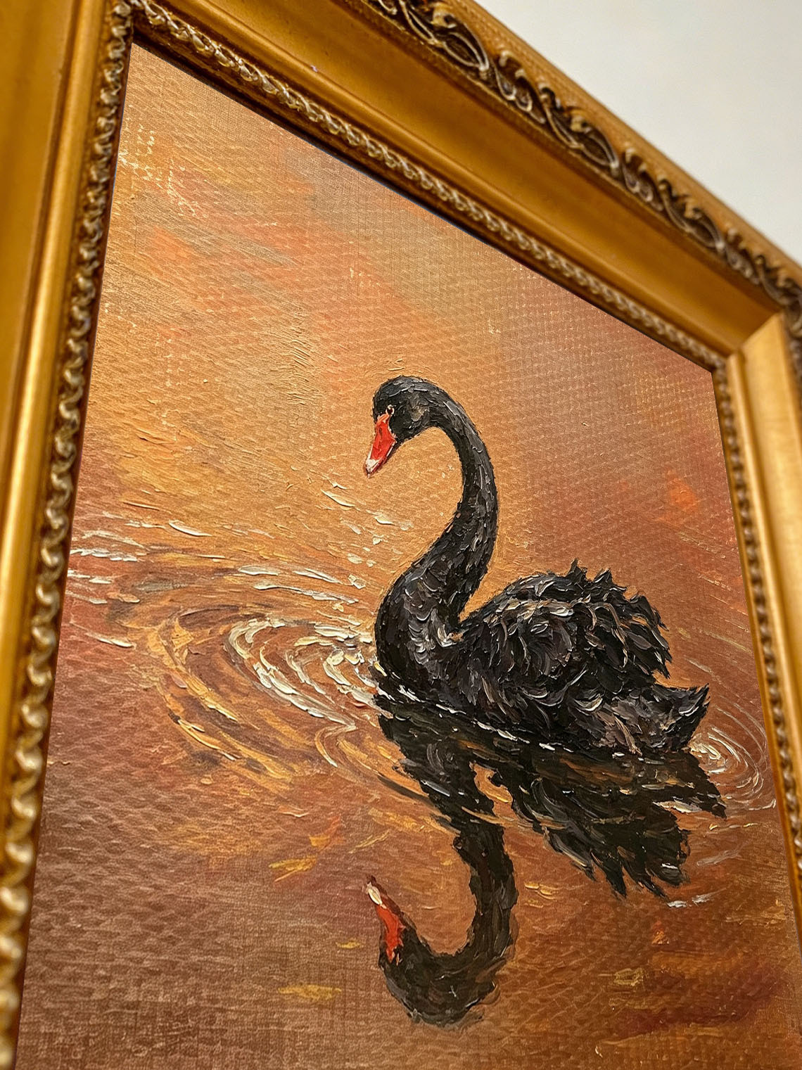 Black Swan Water Scene custom oil painting from photo, gift for friend, Size 4"×4"