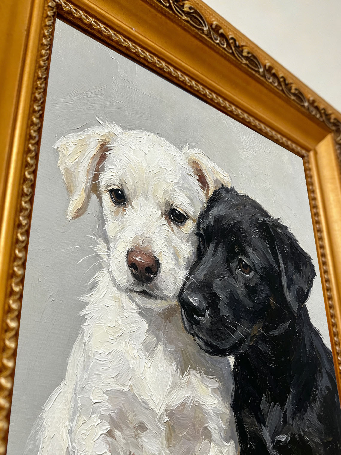 Two Puppies Black White custom oil painting from photo, gift for friend, Size 4"×4"