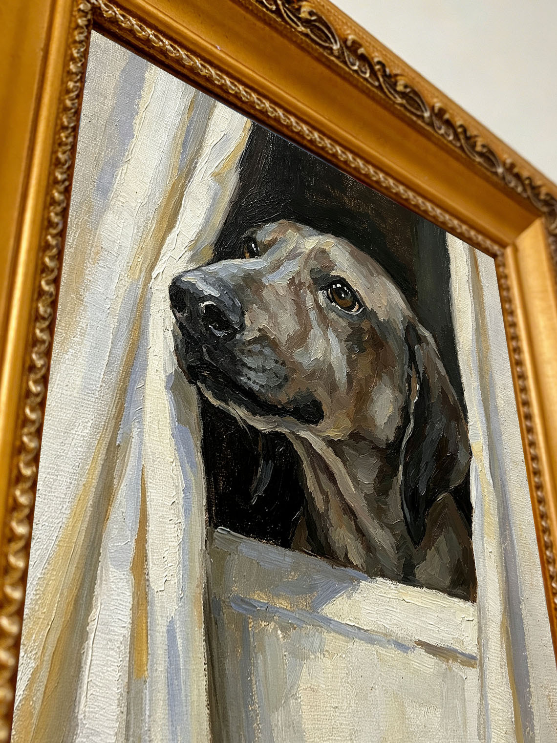 Dog Peeking Through Window custom oil painting from photo, gift for friend, Size 4"×4"