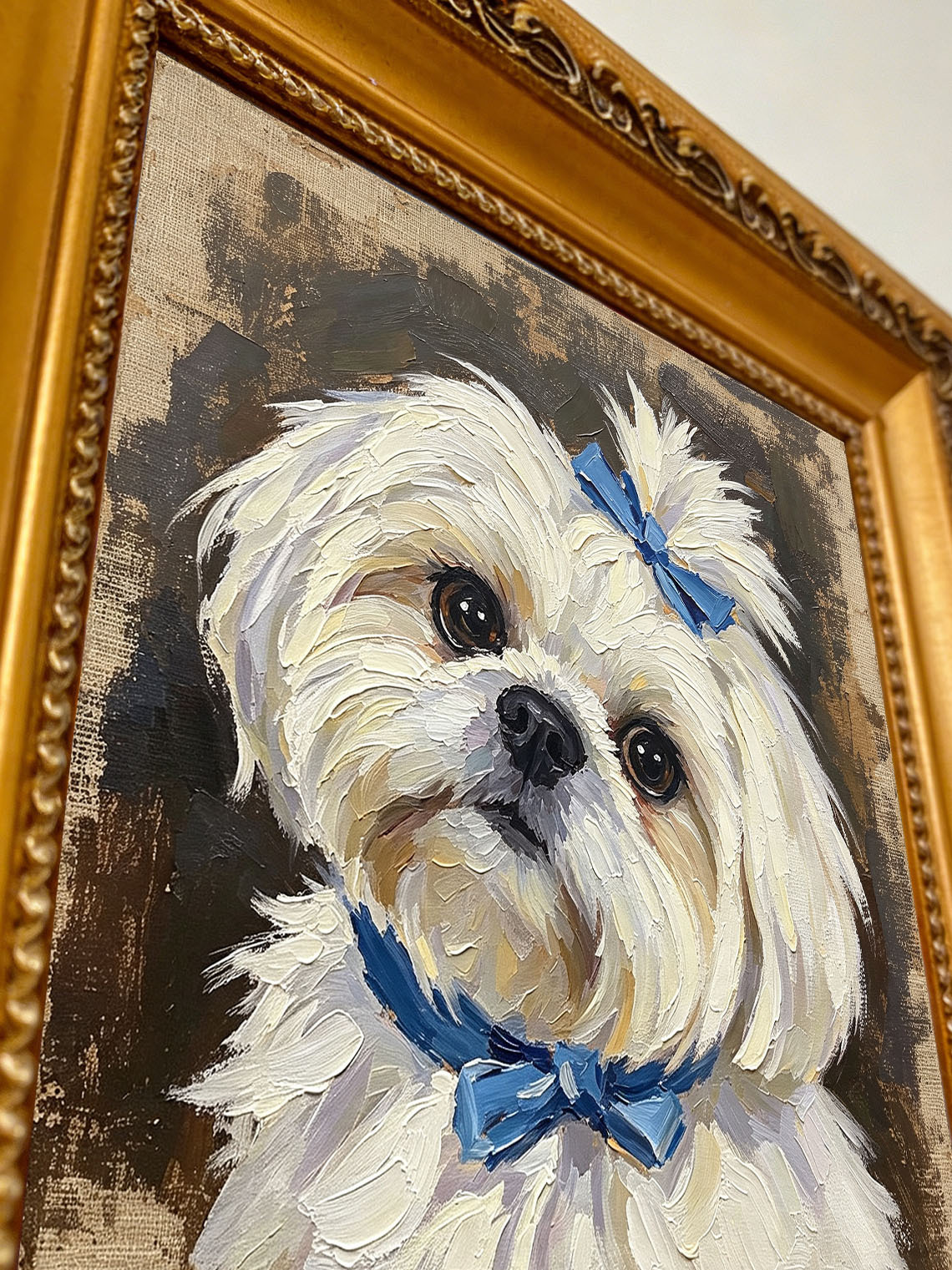 Maltese Dog With Blue Bows custom oil painting from photo, gift for friend, Size 4"×4"
