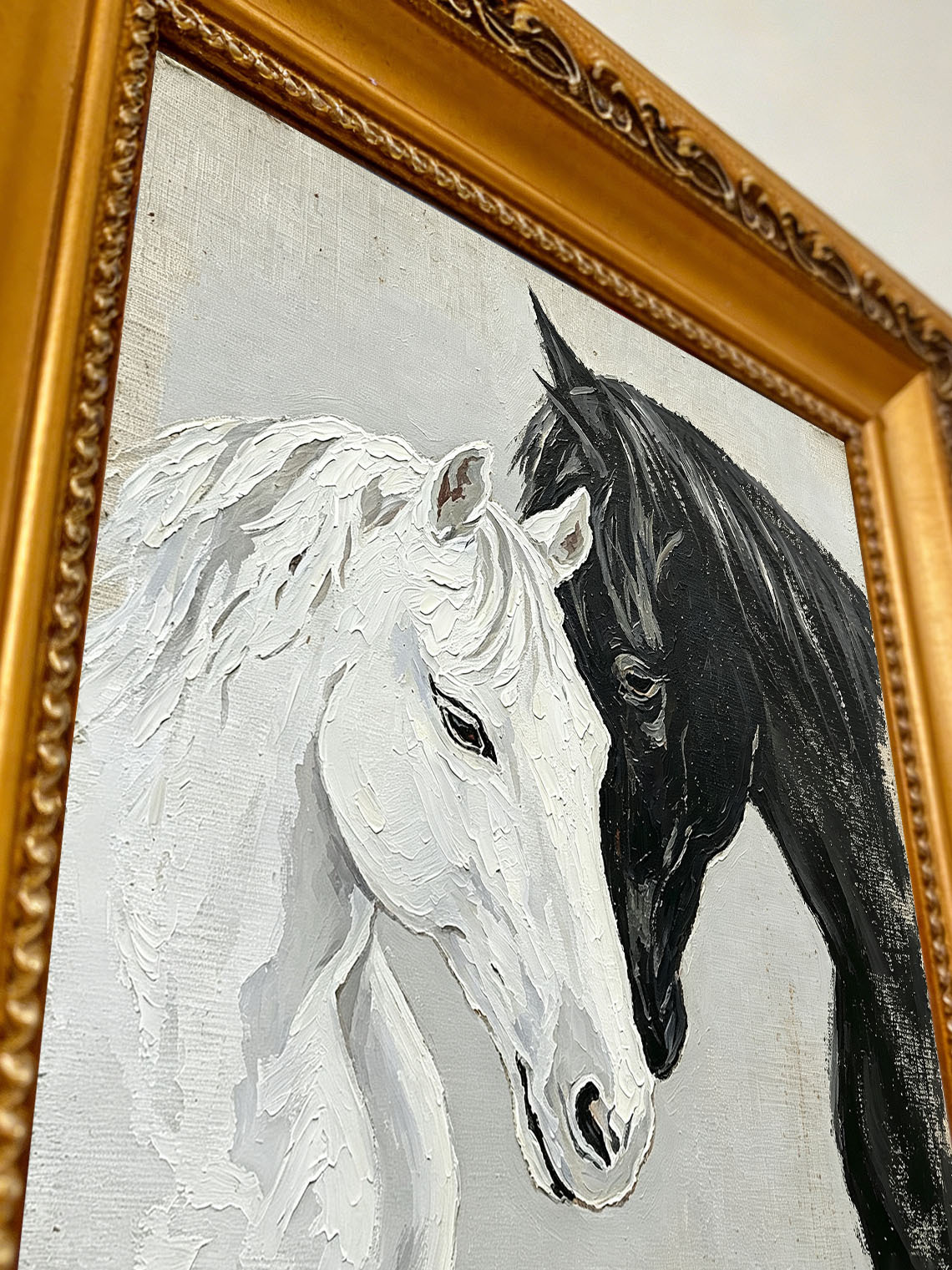 Two Horses Black White custom oil painting from photo, gift for friend, Size 4"×4"