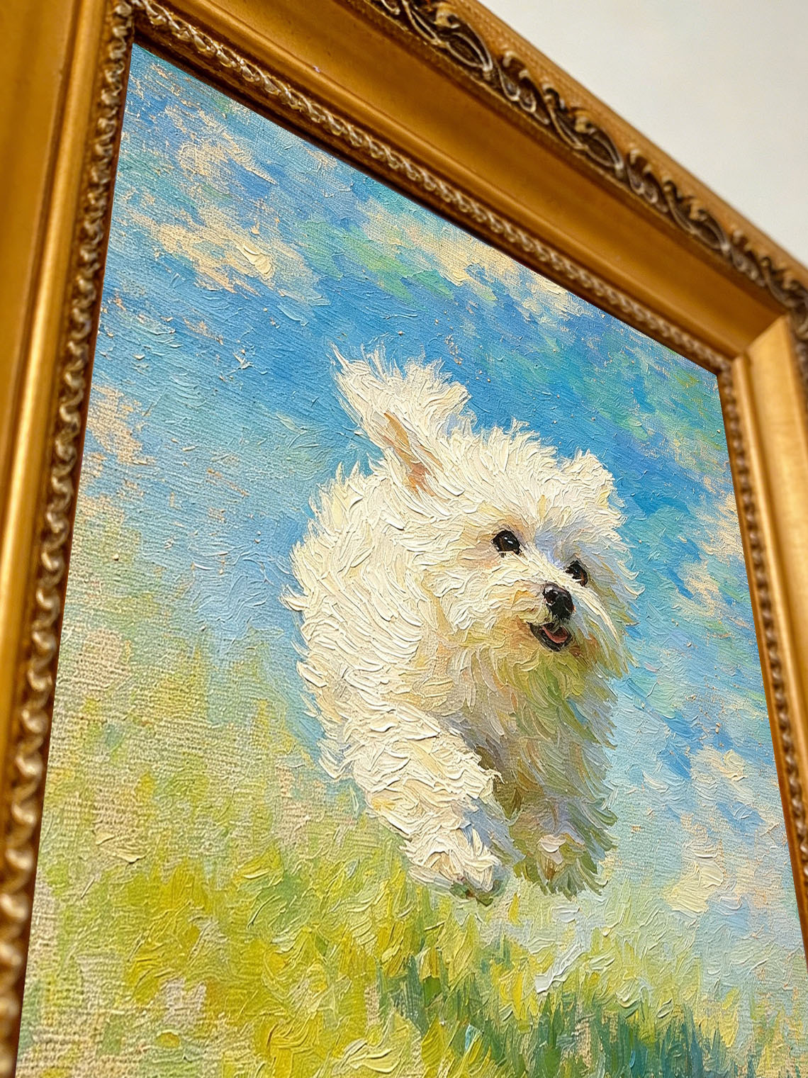 Running White Puppy custom oil painting from photo, gift for friend, Size 4"×4"