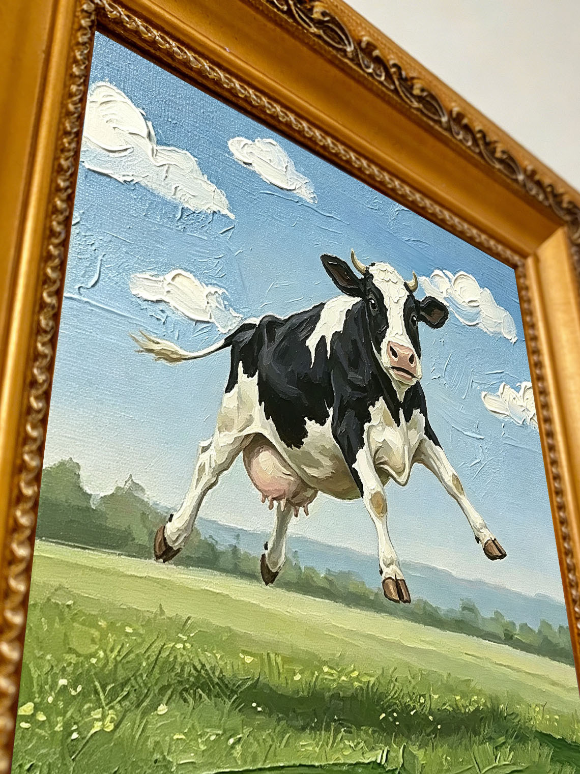 Jumping Farm Cow Hand Painted Wall Art Custom oil painting from photo, Gift for friend，Size 4x4