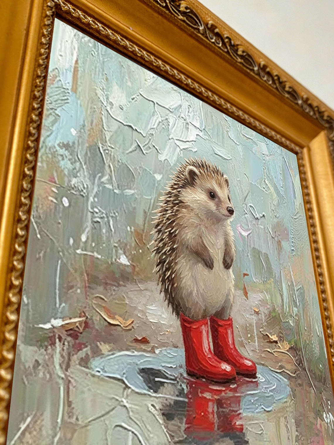 Cute Hedgehog In Red Rain Boots Hand Painted Wall Art Custom oil painting from photo, Gift for friend，Size 4x4