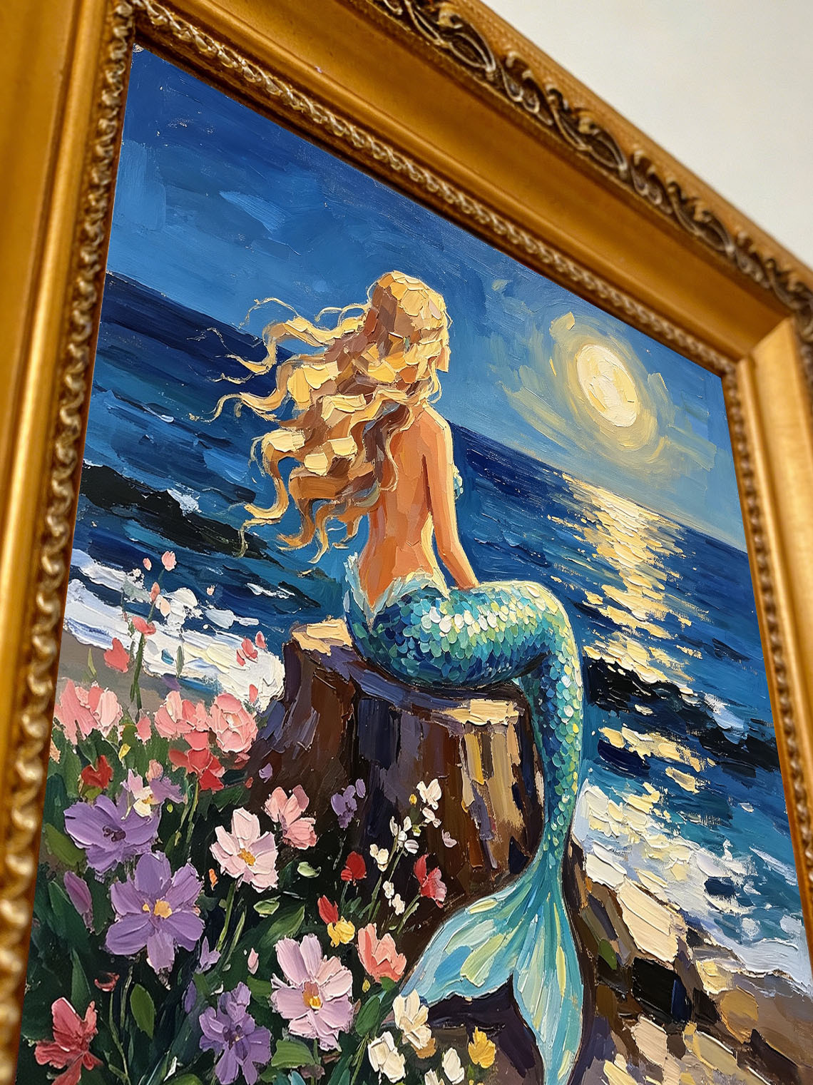 Moonlit Ocean Mermaid Hand Painted Wall Art Custom oil painting from photo, Gift for friend，Size 4x4