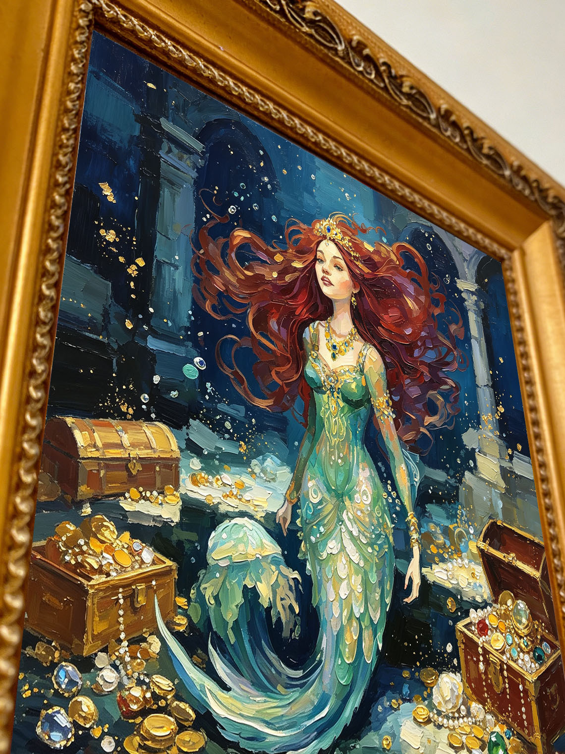 Red‑Haired Mermaid With Underwater Treasure Hand Painted Wall Art Custom oil painting from photo, Gift for friend，Size 4x4