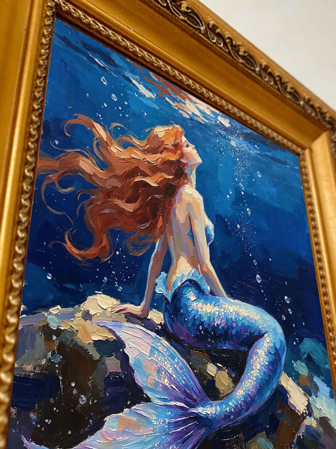 Underwater Red‑Haired Mermaid On Rocks Hand Painted Wall Art Custom oil painting from photo, Gift for friend，Size 4x4