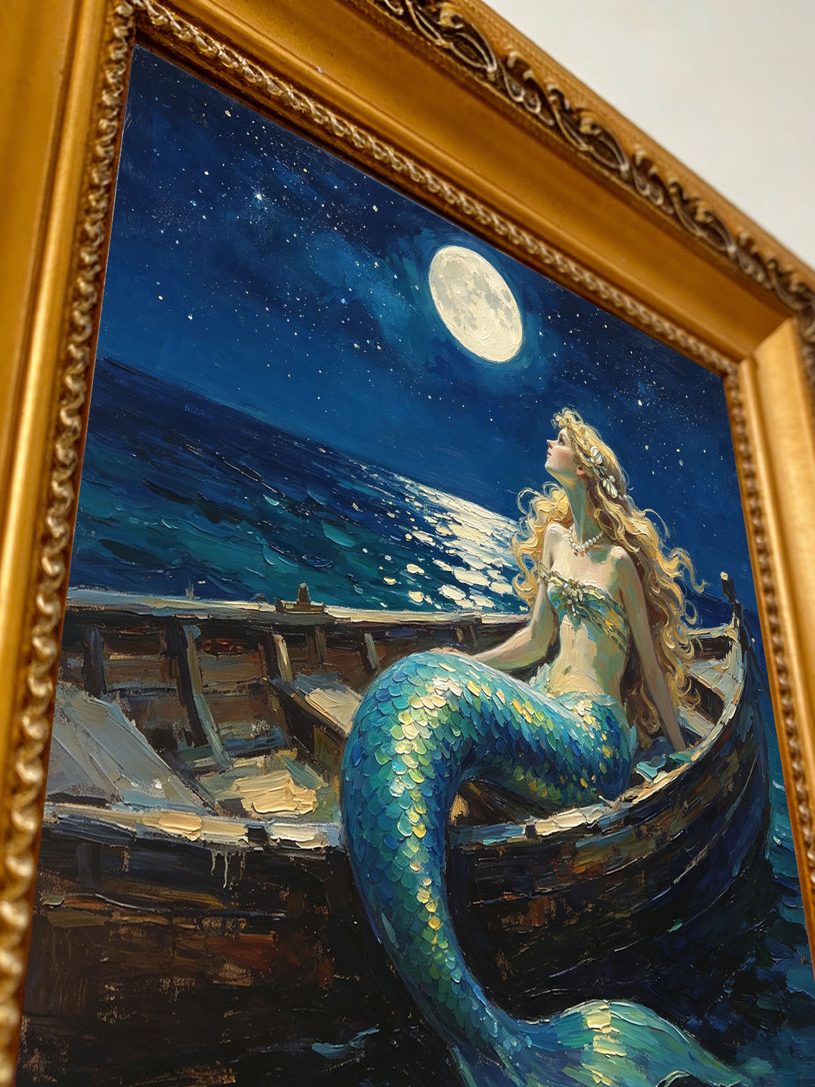 Moonlit Ocean Mermaid In Wooden Boat Hand Painted Wall Art Custom oil painting from photo, Gift for friend，Size 4x4