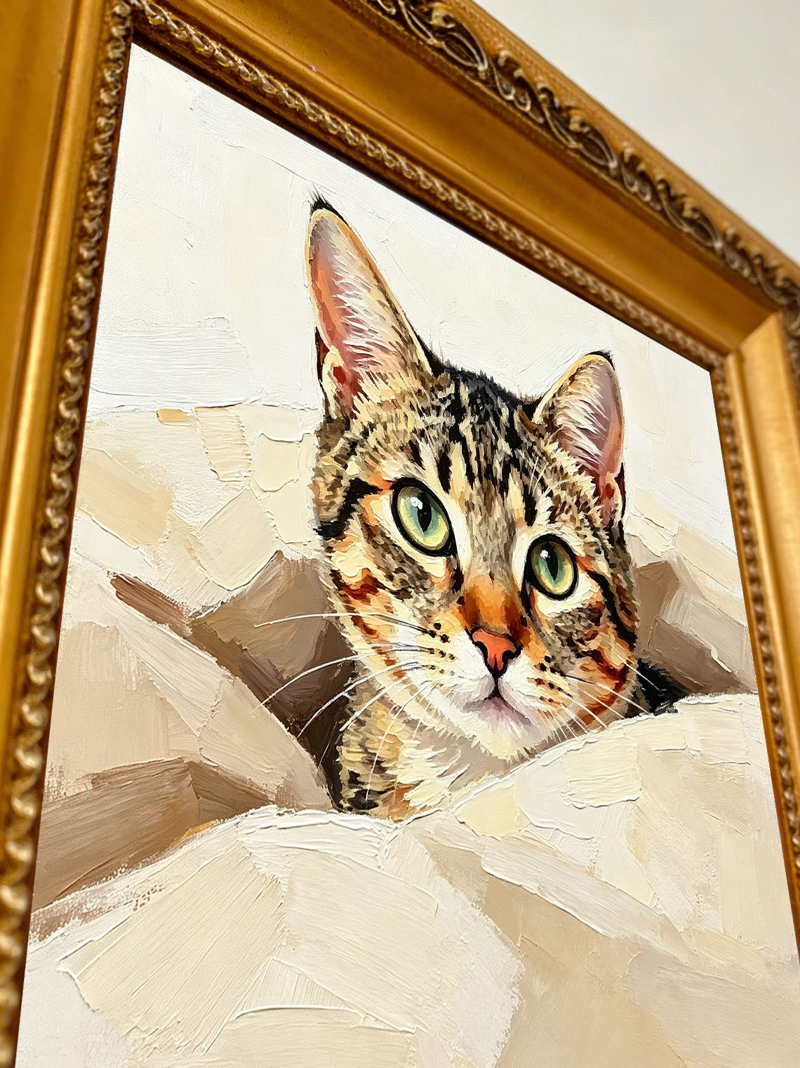 Curious Tabby Kitten Peeking From Paper Bag Hand Painted Wall Art Custom oil painting from photo, Gift for friend，Size 4x4