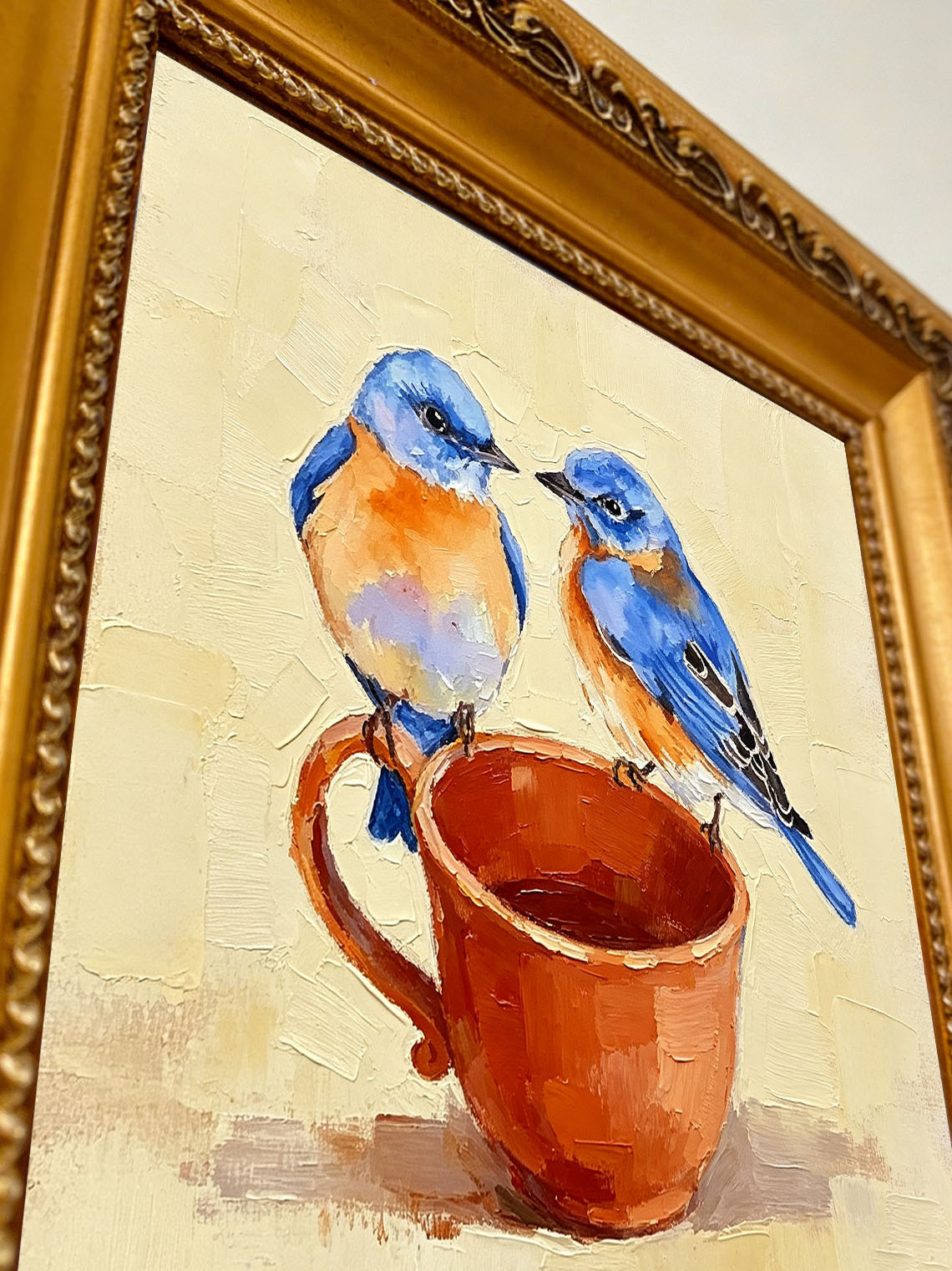Two Sweet Bluebirds On Terracotta Teacup Hand Painted Wall Art Custom oil painting from photo, Gift for friend，Size 4x4