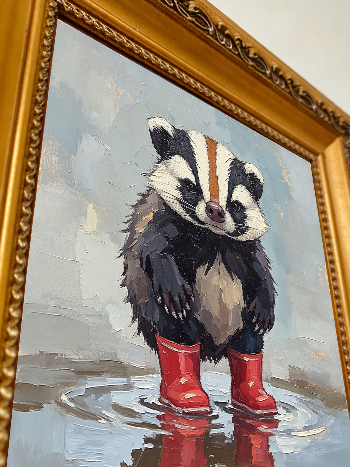 Cute Badger Wearing Red Rain Boots Standing In Puddle Hand Painted Wall Art Custom oil painting from photo, Gift for friend，Size 4x4