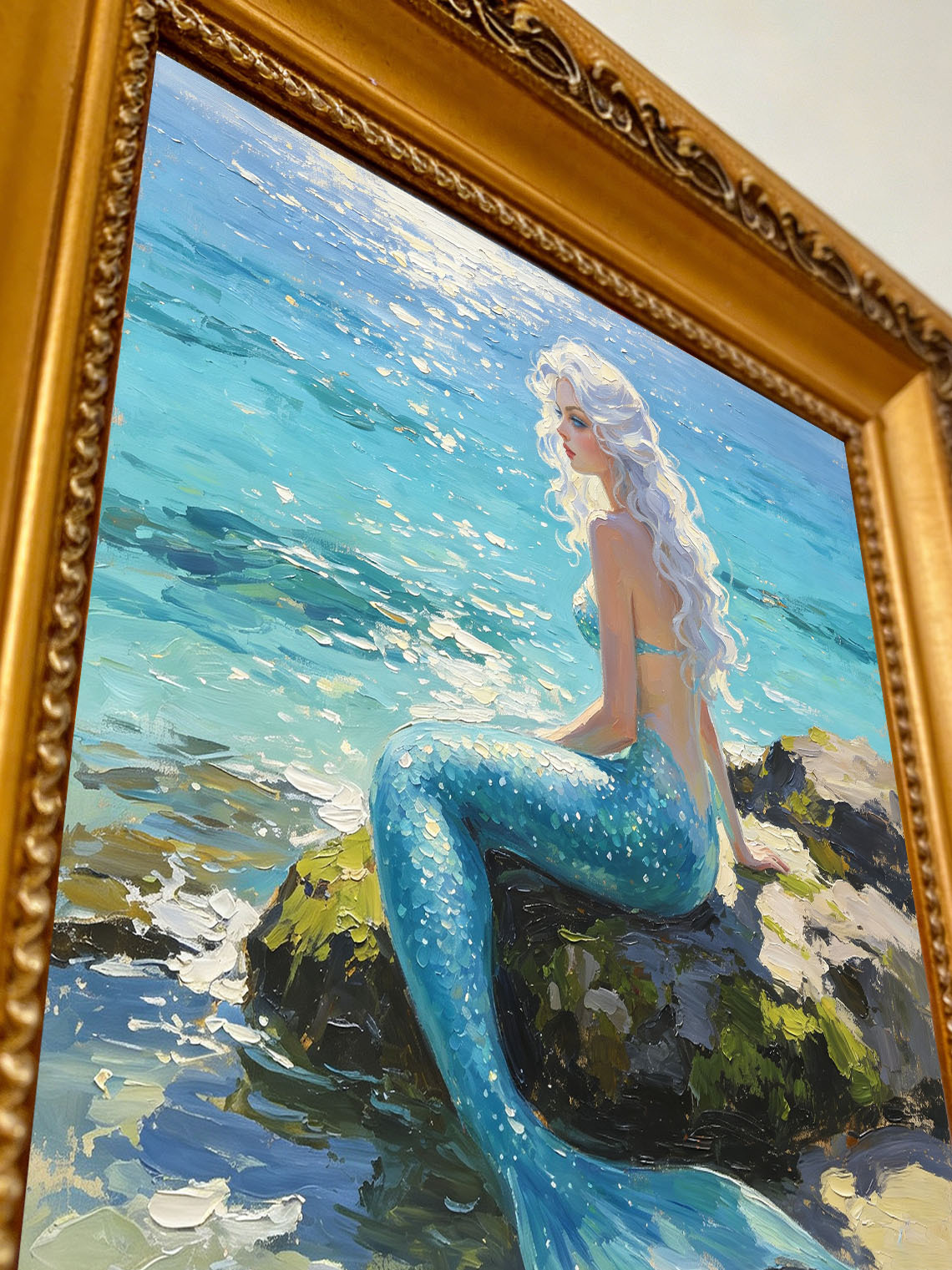 White‑Haired Mermaid Sitting On Coastal Rock By Sparkling Sea Hand Painted Wall Art Custom oil painting from photo, Gift for friend，Size 4x4