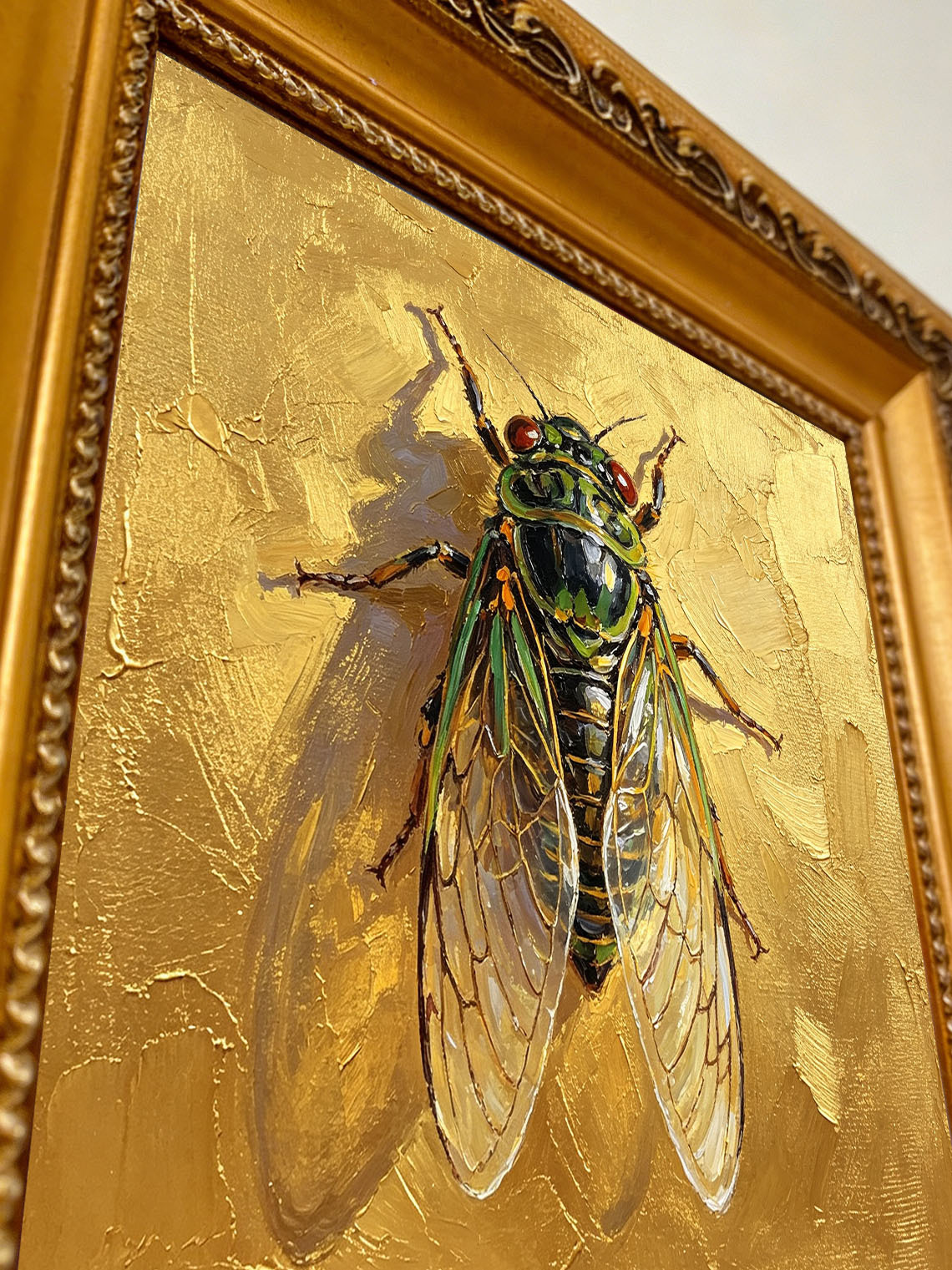 Detailed Cicada Insect Painting On Golden Textured Background Hand Painted Wall Art Custom oil painting from photo, Gift for friend，Size 4x4