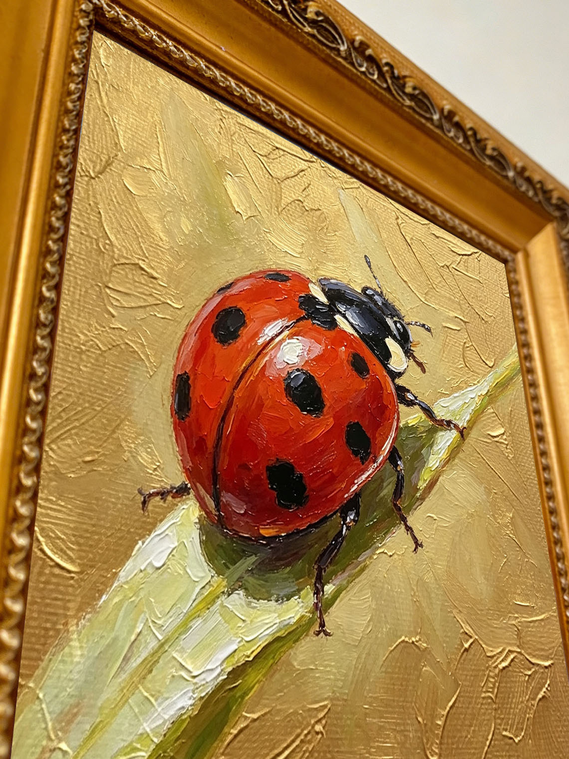 Bright Red Spotted Ladybug On Green Grass Blade Hand Painted Wall Art Custom oil painting from photo, Gift for friend，Size 4x4