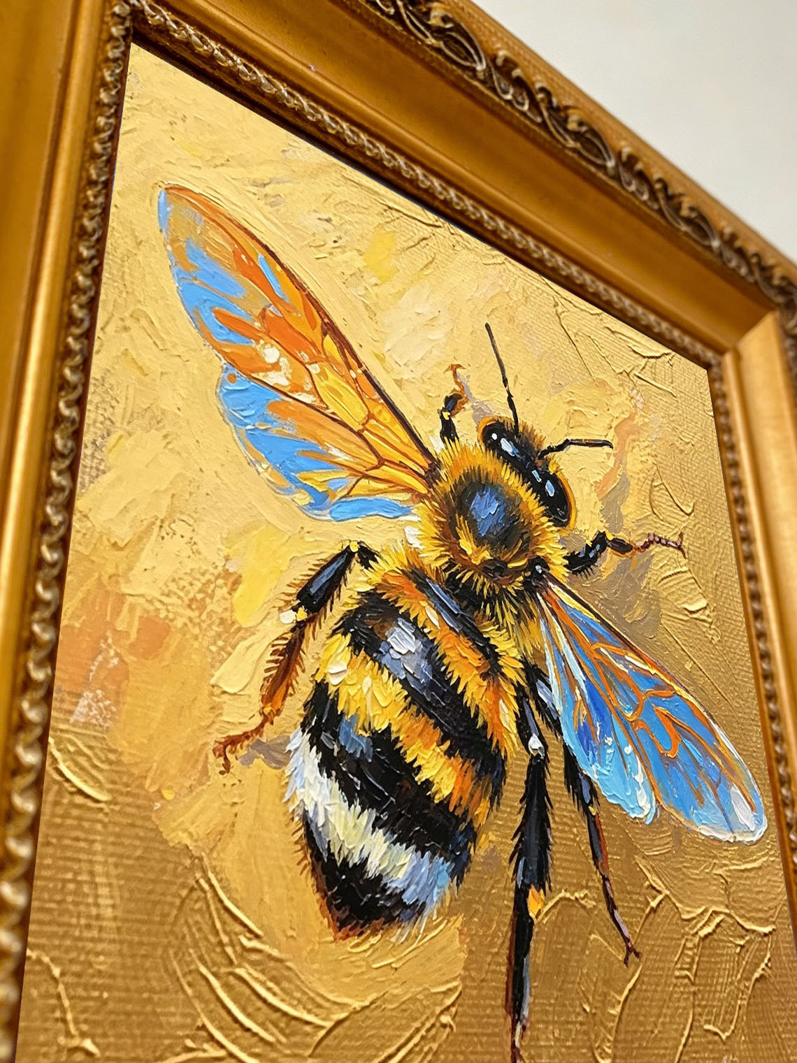 Vibrant Honeybee With Iridescent Blue Wings On Golden Background  Wall Art Custom oil painting from photo, Gift for friend，Size 4x4
