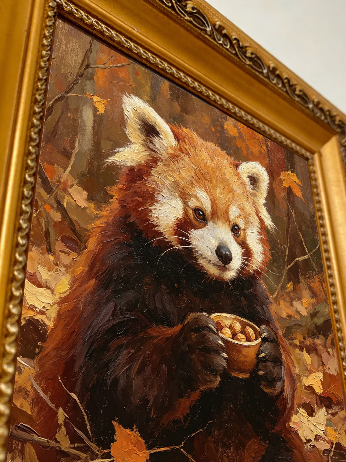 Cute Red Panda Holding Nut Bowl In Autumn Fall Forest Hand Painted Wall Art Custom oil painting from photo, Gift for friend，Size 4x4