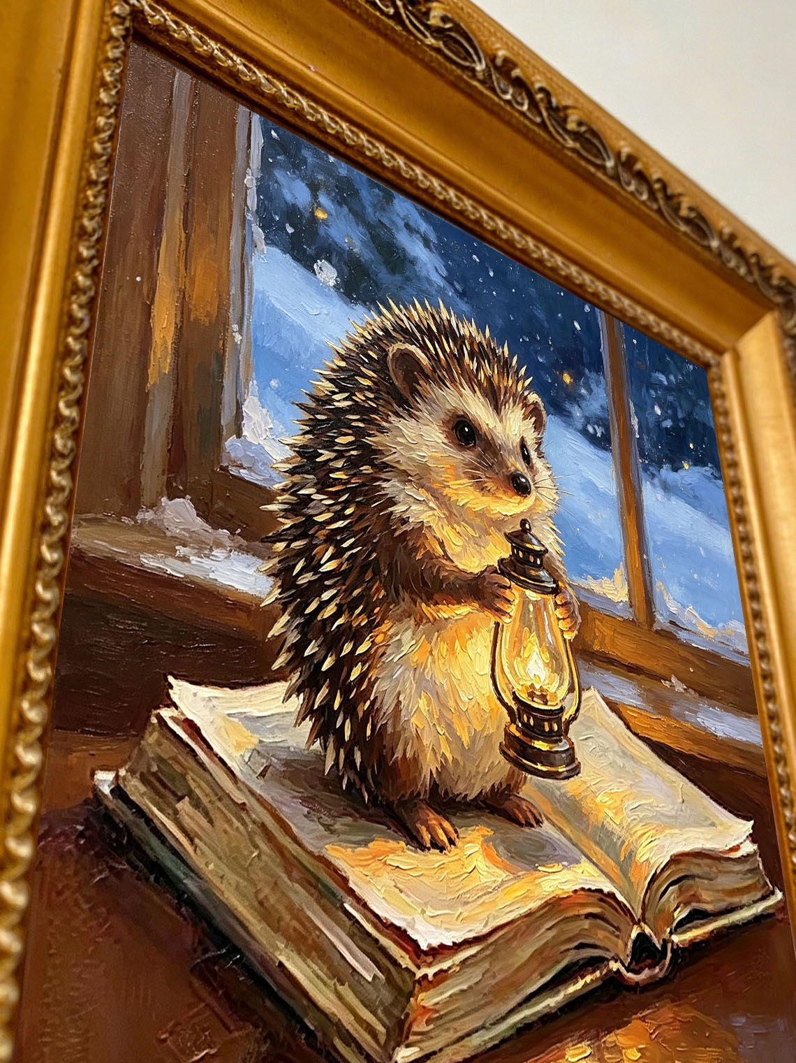 Hedgehog With Glowing Lantern Standing On Open Book By Snowy Winter Window Custom oil painting from photo, Gift for friend，Size 4x4