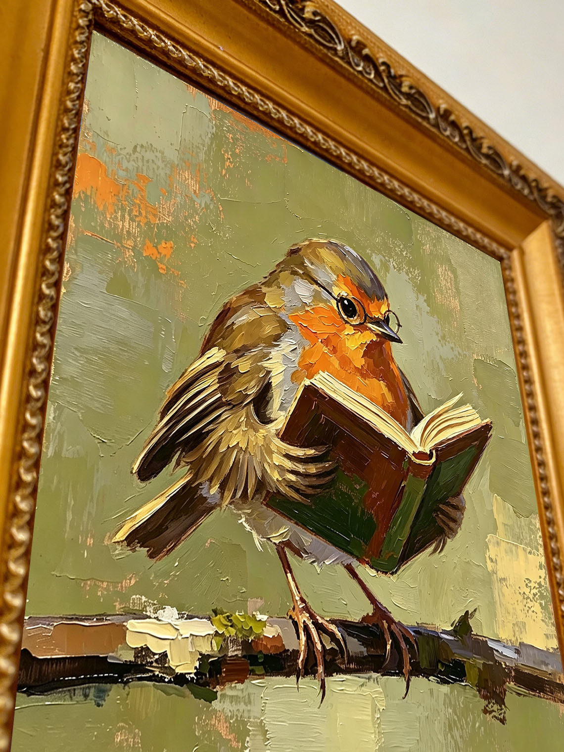 Charming Robin Bird Wearing Glasses Reading Open Book On Branch  Wall Art Custom oil painting from photo, Gift for friend，Size 4x4