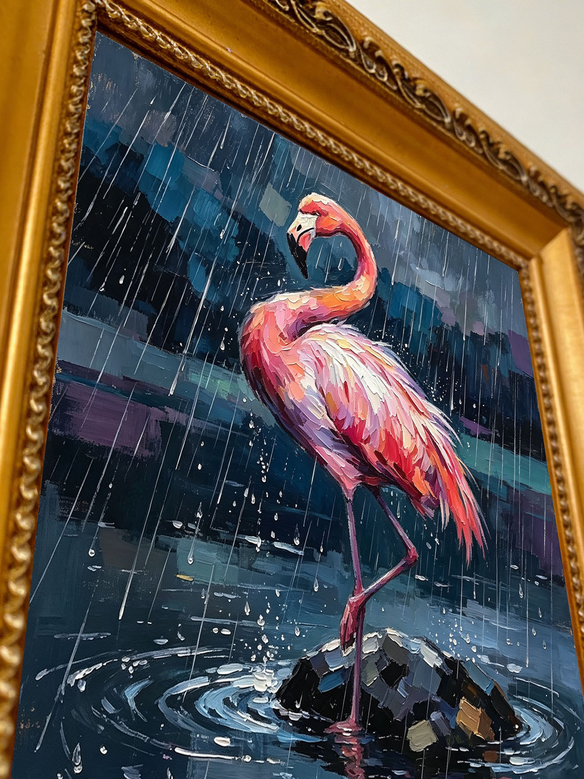 Vibrant Pink Flamingo Standing On Rock In Pouring Rain Over Dark Water  Wall Art Custom oil painting from photo, Gift for friend，Size 4x4