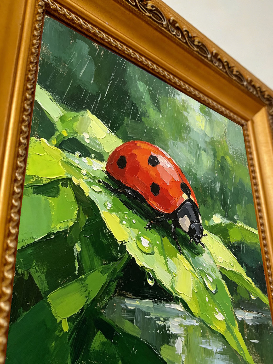 Vivid Red Ladybug On Rain‑Drenched Green Leaf In Lush Foliage Hand Painted Wall Art Custom oil painting from photo, Gift for friend，Size 4x4