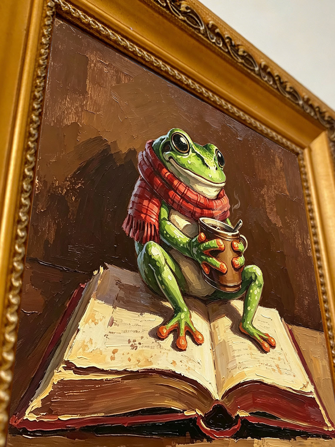 Cozy Whimsical Frog With Red Scarf Holding Hot Mug Sitting On Open Book  Wall Art Custom oil painting from photo, Gift for friend，Size 4x4