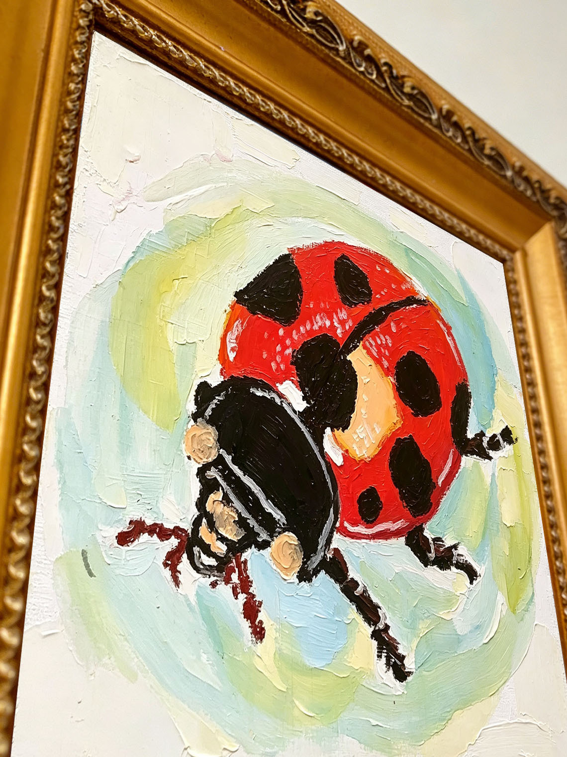 Thick Impasto Red Spotted Ladybug Textured Pastel Background Hand Painted Wall Art Custom oil painting from photo, Gift for friend，Size 4x4