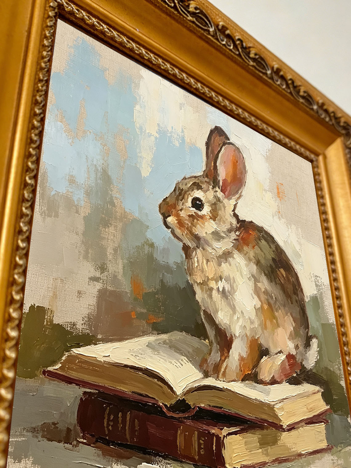 Brown Cottontail Rabbit Sitting On Stacked Old Books Soft Muted Background Custom oil painting from photo, Gift for friend，Size 4x4
