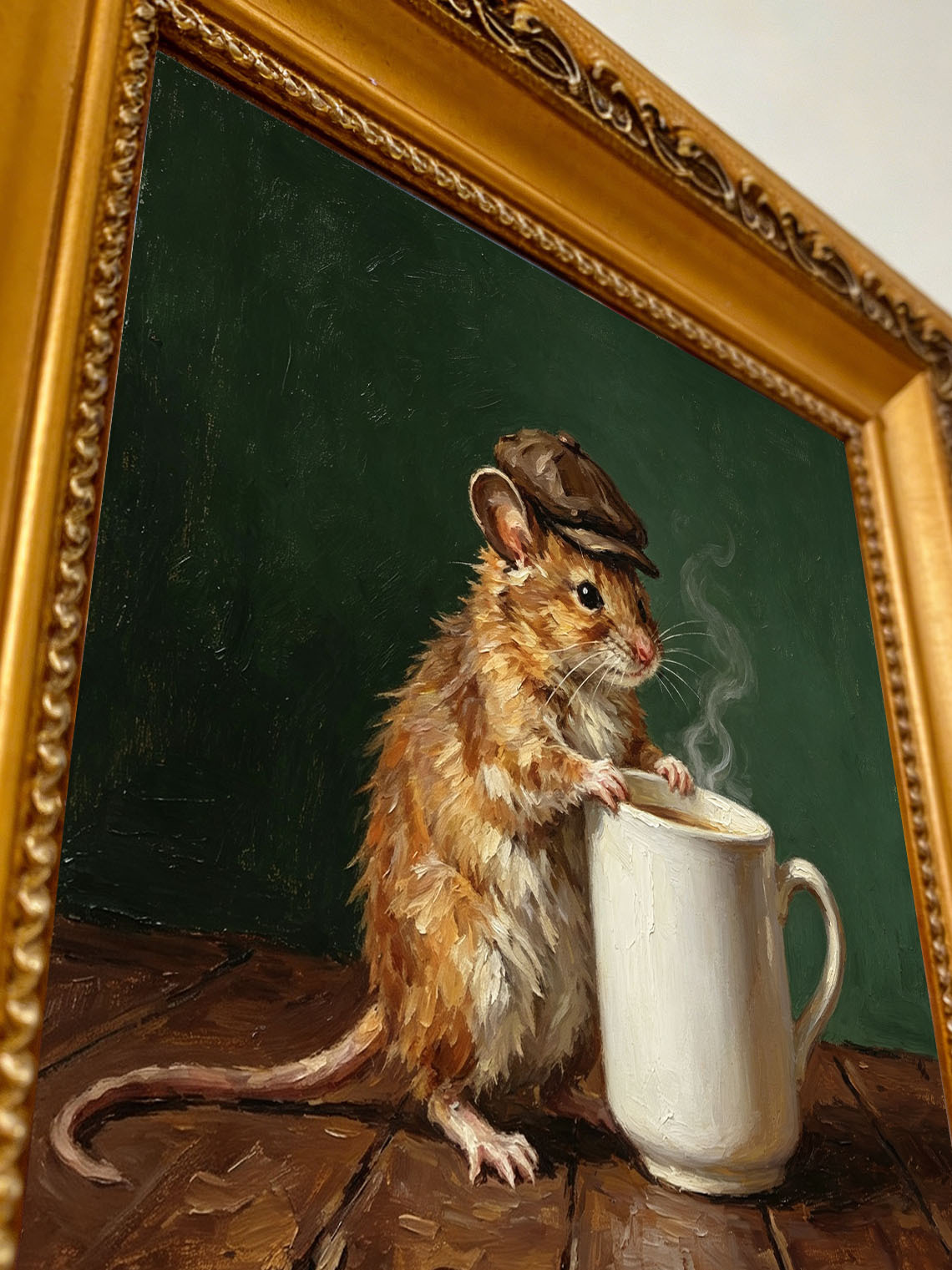 Mouse With Newsboy Cap Leaning On Steaming Coffee Mug Dark Green Background  Custom oil painting from photo, Gift for friend，Size 4x4