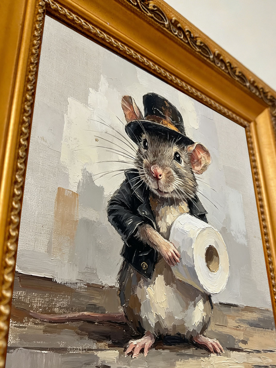 Gentleman Mouse Holding Toilet Paper Roll Neutral Textured Background Custom oil painting from photo, Gift for friend，Size 4x4
