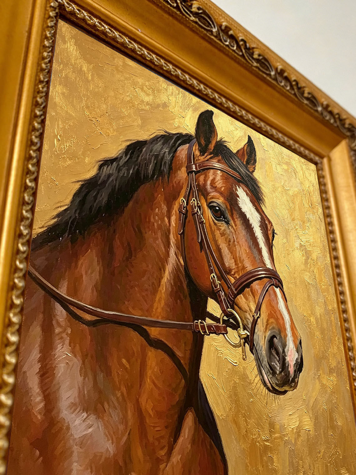 Bay Horse Portrait With Leather Bridle Textured Metallic Gold Background  Wall Art Custom oil painting from photo, Gift for friend，Size 4x4