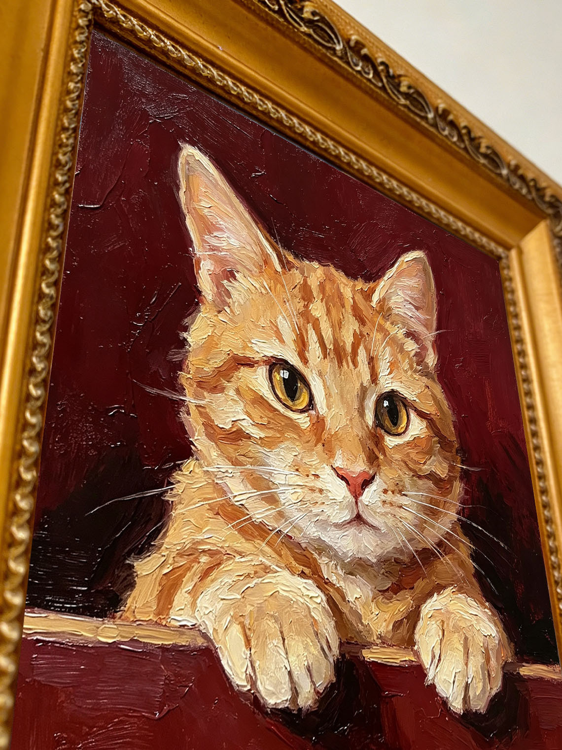 Ginger Tabby Cat Portrait Paws Resting On Edge Deep Burgundy Textured Background  Custom oil painting from photo, Gift for friend，Size 4x4