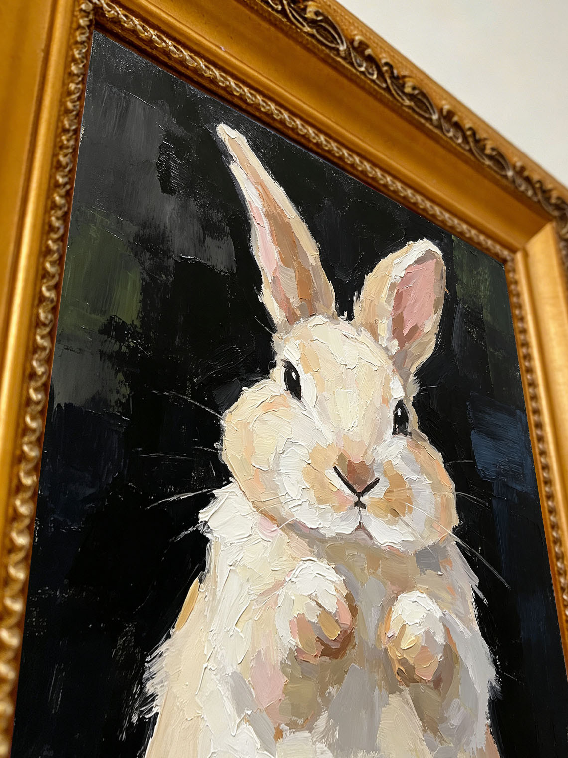 Thick Impasto Light Cream Bunny Portrait Paws Up Dark Moody Textured Background  Custom oil painting from photo, Gift for friend，Size 4x4