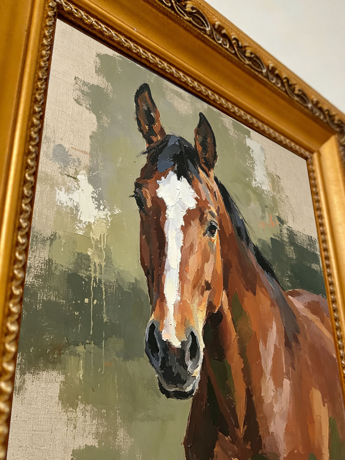 Bay Horse Portrait With White Blaze Muted Sage Green Textured Linen Background  Custom oil painting from photo, Gift for friend，Size 4x4