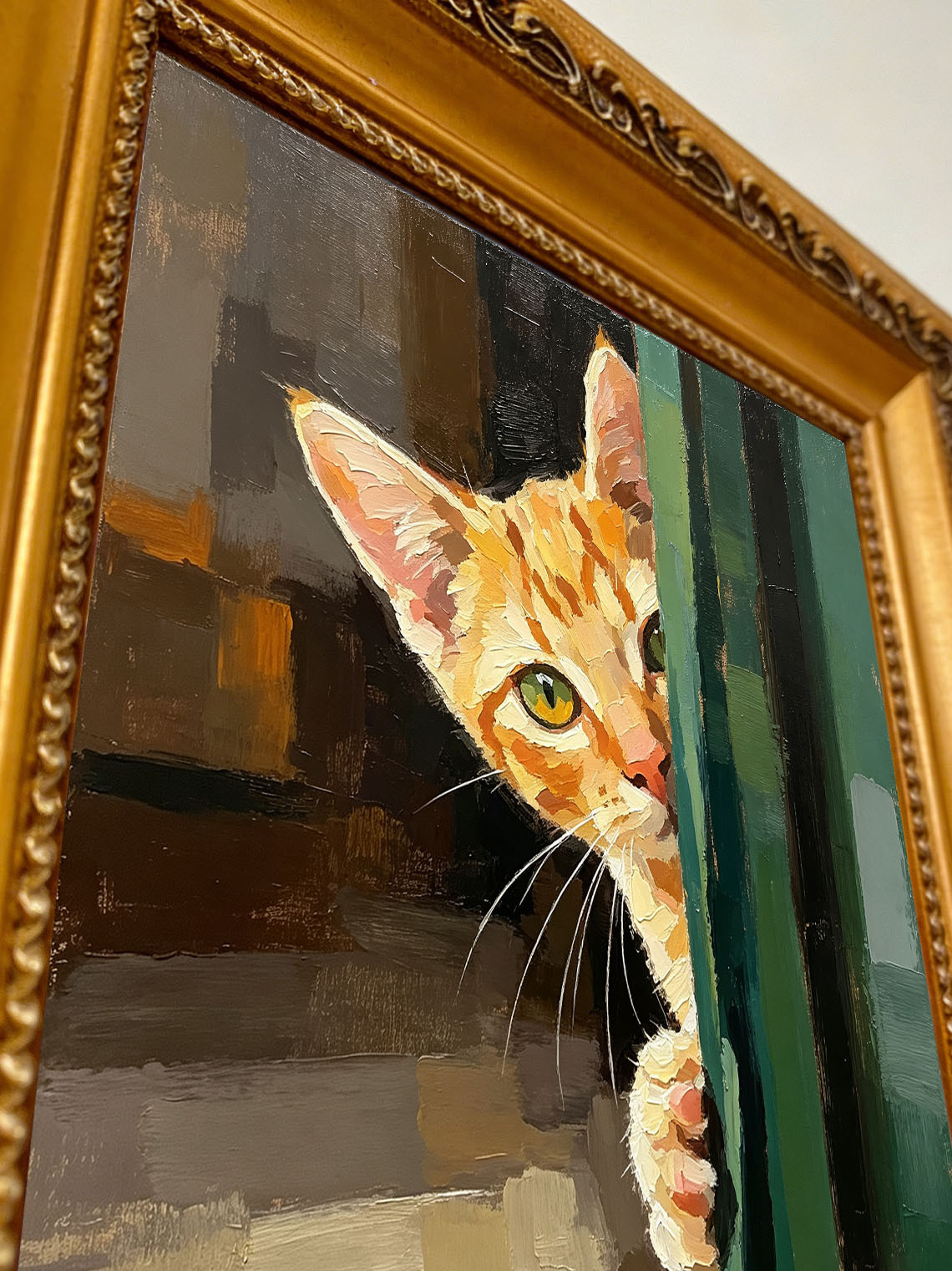 Tabby Kitten Peeking Around Green Door Bold Textured Warm Earth‑Tone Background  Custom oil painting from photo, Gift for friend，Size 4x4