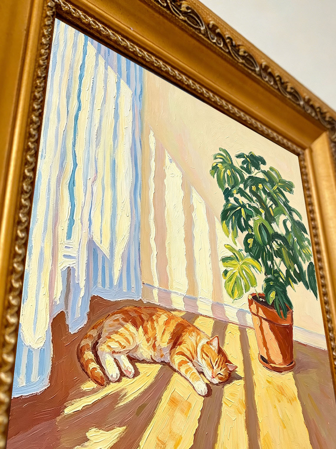 Sleeping Ginger Cat Sunlit Indoor Scene With Monstera Plant Bright Oil Painting Custom oil painting from photo, Gift for friend，Size 4x4