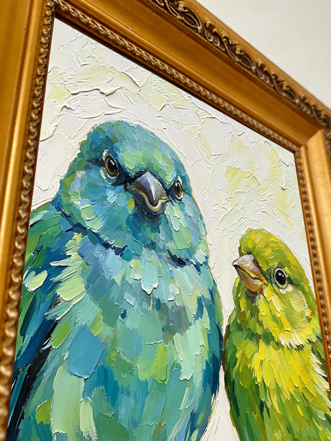 Pair Of Parrotlets Portrait Bold Oil Painting Soft Off‑White Textured Background  Custom oil painting from photo, Gift for friend，Size 4x4