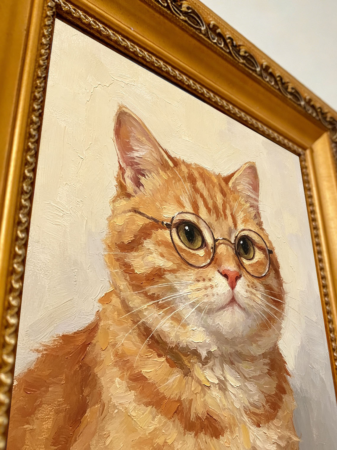 Ginger Tabby Cat Wearing Glasses Oil Painting Soft Cream Textured Background Custom oil painting from photo, Gift for friend，Size 4x4