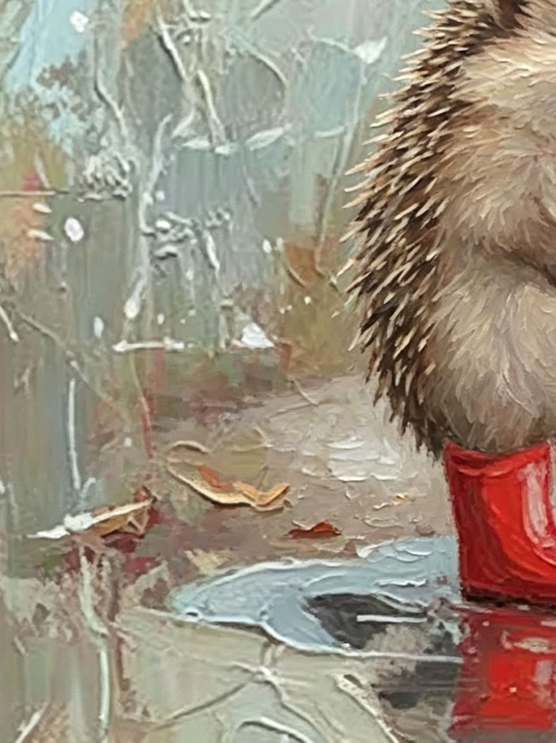 Cute Hedgehog In Red Rain Boots Hand Painted Wall Art Custom oil painting from photo, Gift for friend，Size 4x4