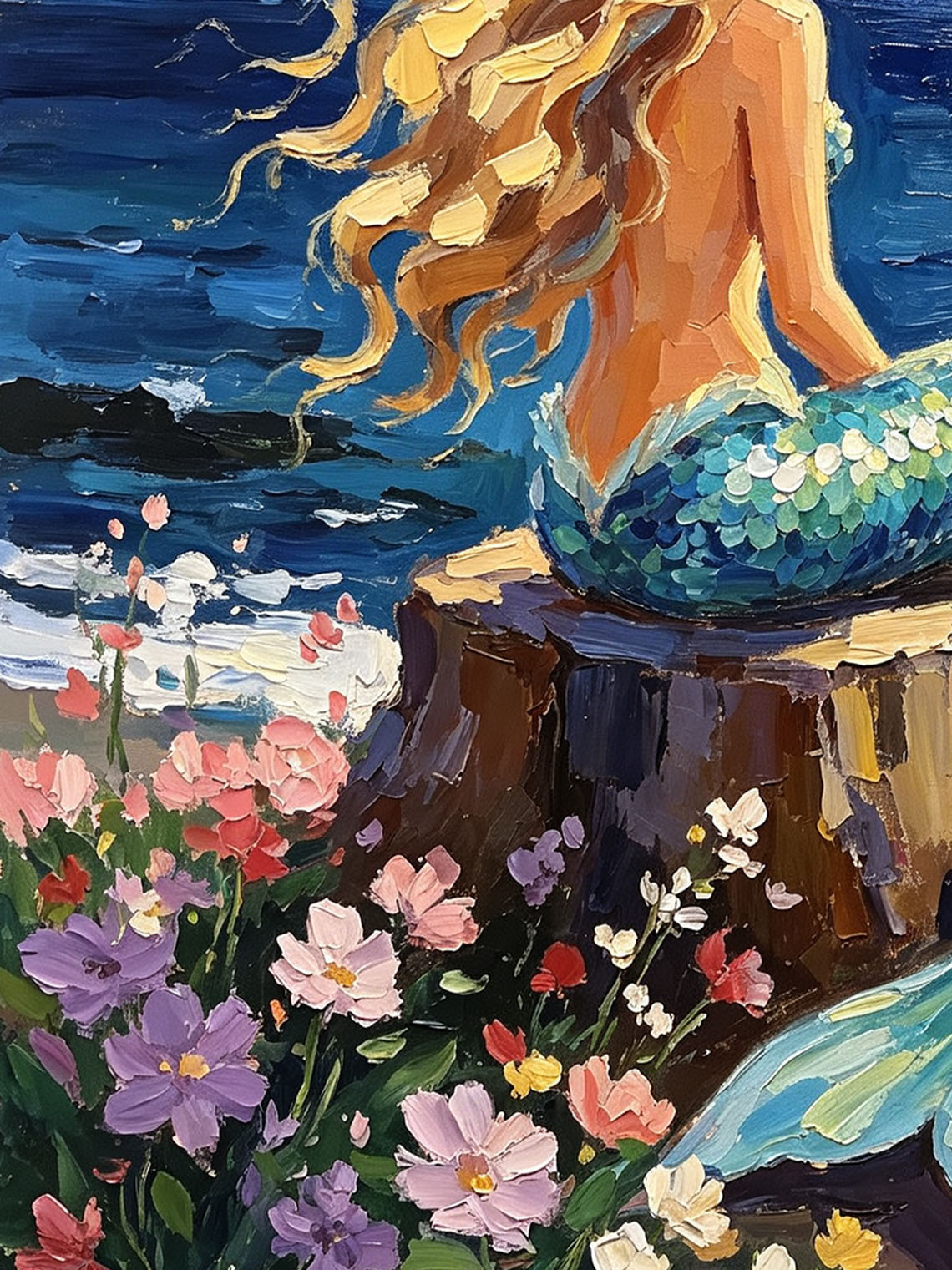 Moonlit Ocean Mermaid Hand Painted Wall Art Custom oil painting from photo, Gift for friend，Size 4x4