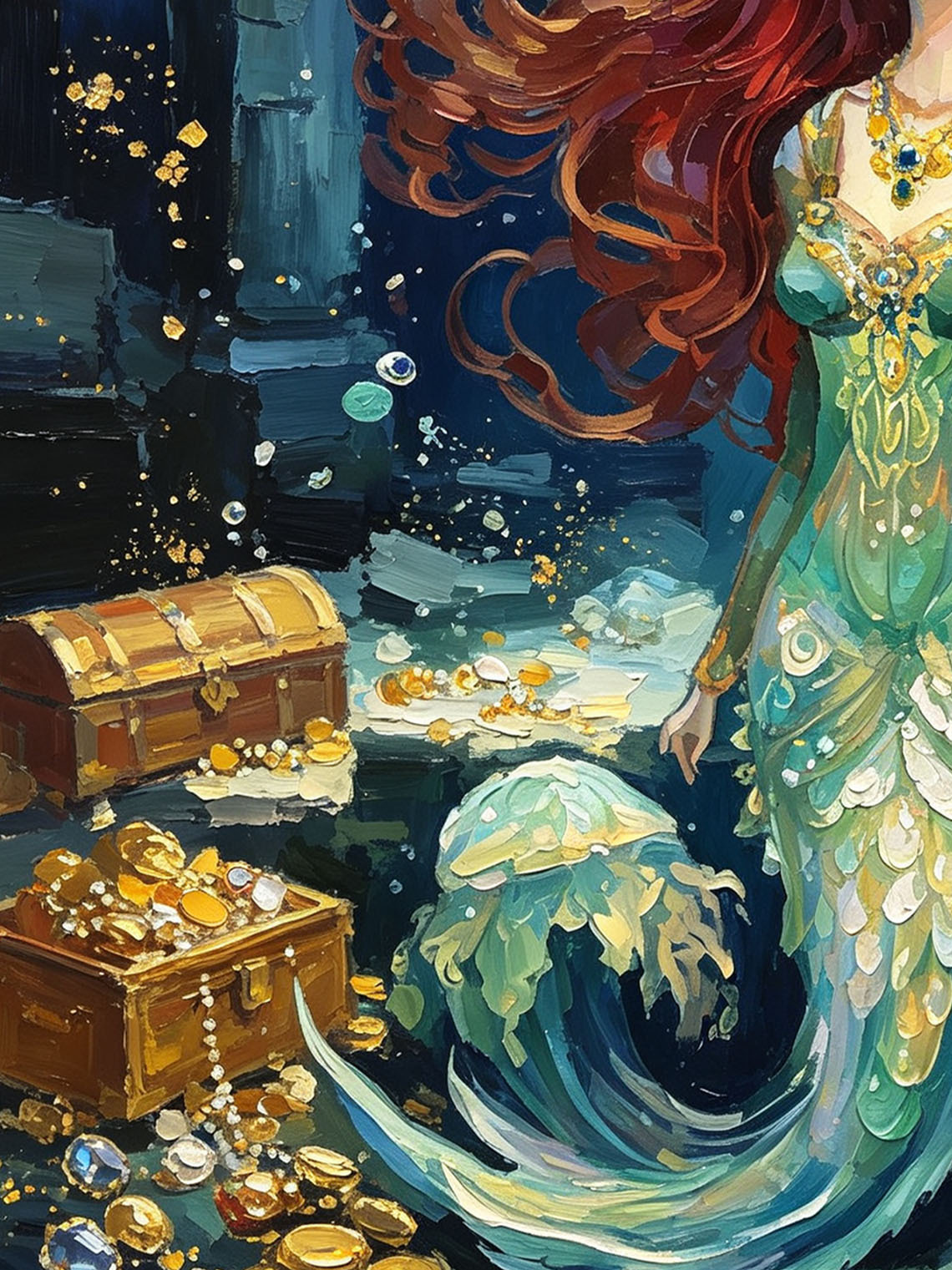 Red‑Haired Mermaid With Underwater Treasure Hand Painted Wall Art Custom oil painting from photo, Gift for friend，Size 4x4