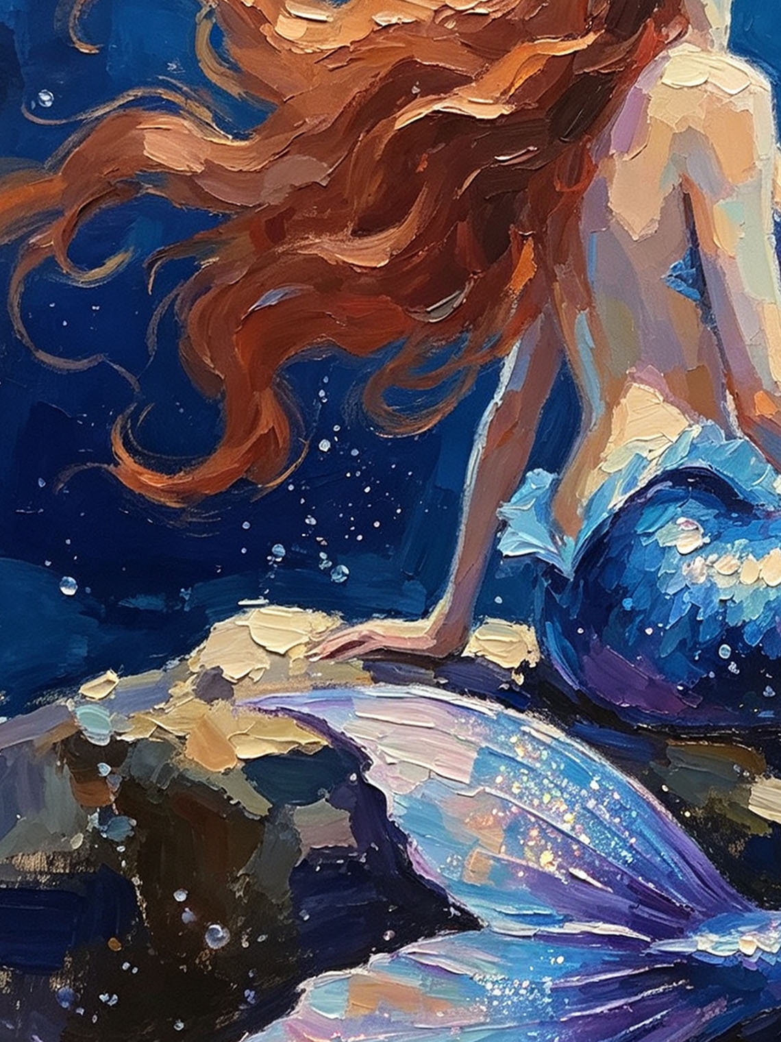 Underwater Red‑Haired Mermaid On Rocks Hand Painted Wall Art Custom oil painting from photo, Gift for friend，Size 4x4