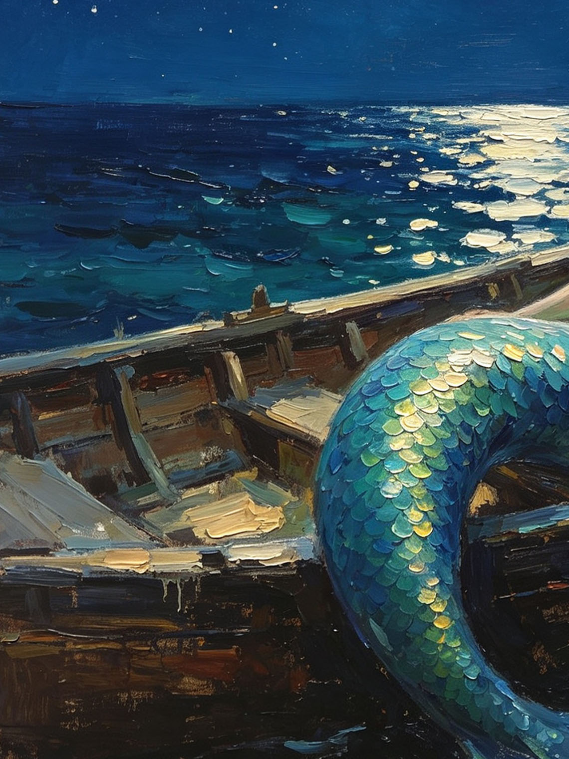 Moonlit Ocean Mermaid In Wooden Boat Hand Painted Wall Art Custom oil painting from photo, Gift for friend，Size 4x4